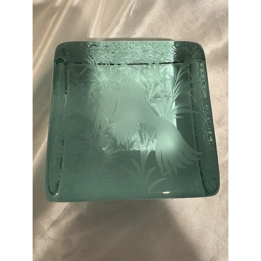 Etched Fish Paperweight Green Ice Block Signed Unique Carved Design